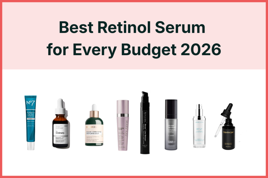 A lineup of retinol and peptide serums arranged by budget tier on a clean white surface